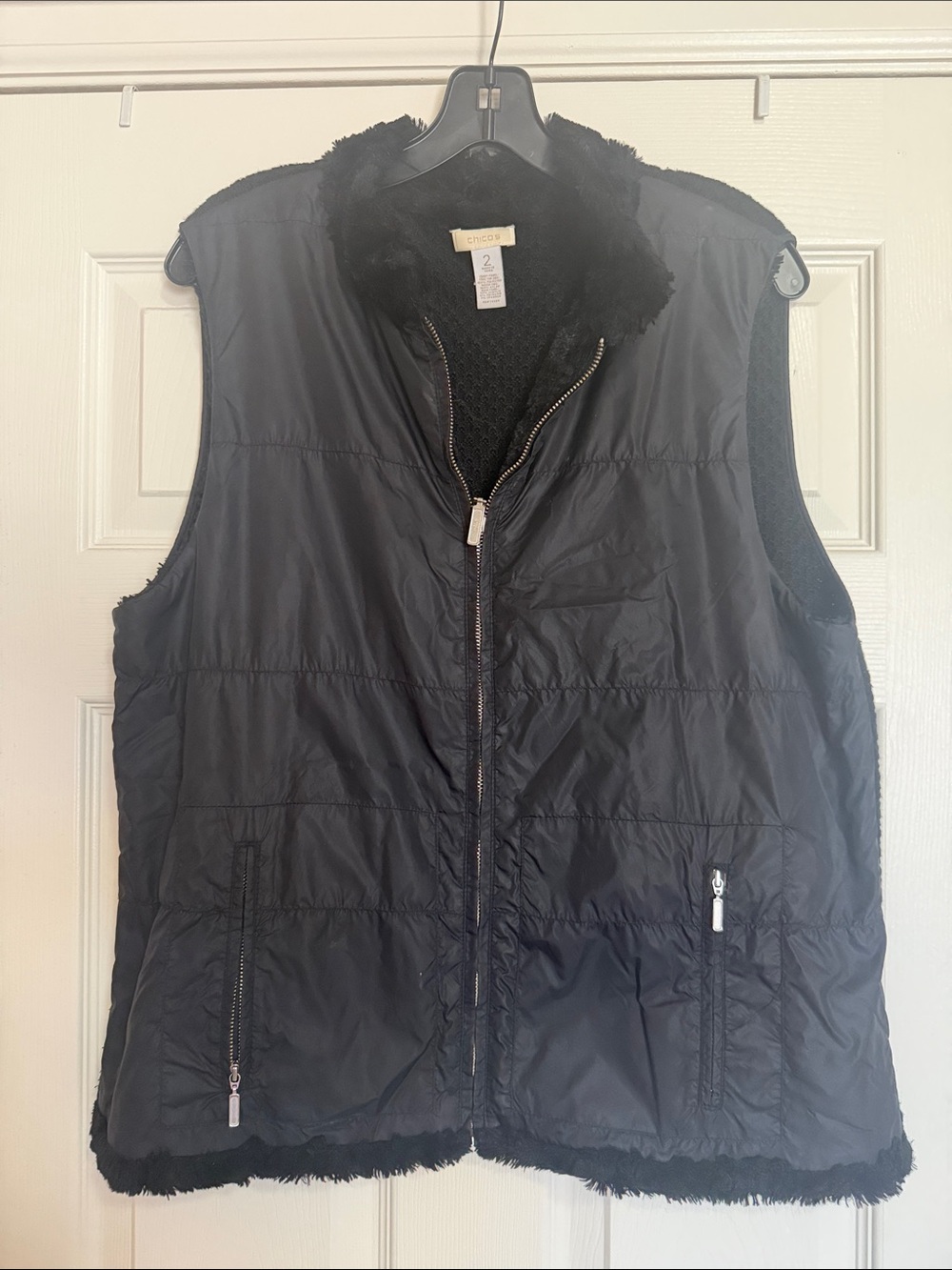 Chico's Black Quilted Faux-Fur Trim Vest